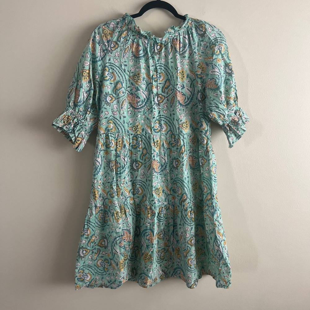 The Fox and the Mermaid Seafoam Block Print Cotton Tiered Mini Dress Size S